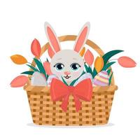 simpatico coniglietto di pasqua in un cestino con uova di Pasqua e tulipani. vettore