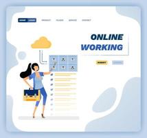 illustrazione vettoriale della donna che accede al lavoro e alla riunione da remoto collegandosi al servizio cloud Internet. il design può essere utilizzato per siti Web, poster, volantini, app, pubblicità, promozione, marketing