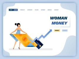 illustrazione vettoriale di donna in possesso di denaro e carta di credito metafora dell'uguaglianza di genere per i servizi finanziari. il design può essere utilizzato per siti Web, poster, volantini, app, pubblicità, promozione, marketing