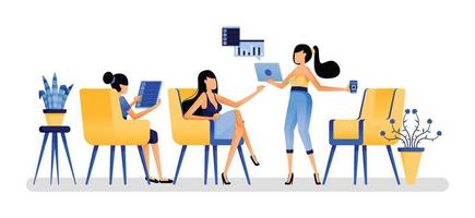 illustrazione vettoriale di donne a riunioni e presentazioni casuali in caffè alla moda che discutono di problemi di prestazioni aziendali. il brainstorming è meglio quando ti rilassi. progettato per sito Web, web, app, poster