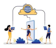 illustrazione vettoriale di persone che accedono a Internet con il cloud per comunicare tra loro. app mobili integrate per una facile condivisione e connessione in rete. progettato per sito Web, web, app, poster, banner