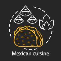 icona del concetto di gesso cucina messicana. fast food al peperoncino. streetfood ispanico. piatti di tortilla messicana. idea tradizionale di taco piccante e nachos. illustrazione della lavagna isolata vettoriale