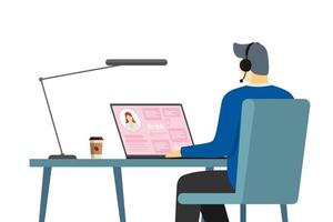 operatore di call center uomo e informazioni sui clienti sullo schermo del laptop. hotline maschile o impiegato con chiamata a freddo. personale del reparto di supporto online, telemarketing, centro di consulenza e assistenza hot line vettore