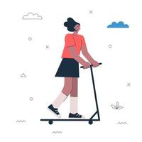 motorino di scossa di guida della ragazza dei pantaloni a vita bassa. giovane donna sul moderno trasporto elettrico ecologico. stile di vita attivo sano e concetto creativo di sport. persona di sesso femminile che guida il trasporto ecologico. illustrazione vettoriale