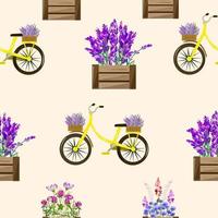 senza cuciture con biciclette e fiori di lavanda. vettore