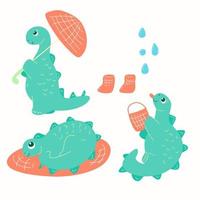dinosauri verdi e gocce di pioggia e ombrello. vettore
