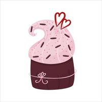 torta di san valentino.muffin con cioccolato e cuore. una pasticceria con un cuore e un fiocco per san valentino. illustrazione vettoriale in stile piatto disegnato a mano
