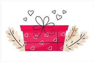 regalo con cuore per San Valentino scatola romantica isolata su sfondo bianco. un regalo annodato con un fiocco e rami di foglie per la decorazione. illustrazione vettoriale in stile piatto.