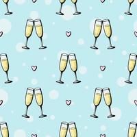 bicchieri di champagne modello doodle senza soluzione di continuità. applausi illustrazione vettoriale su sfondo blu. biglietto di auguri di san valentino, celebrazione dell'anniversario