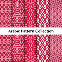 set di 5 motivi arabi di sfondo. ornamento geometrico musulmano. tavolozza dei colori rosso su bianco. illustrazione vettoriale di texture islamica. carta da parati araba tradizionale