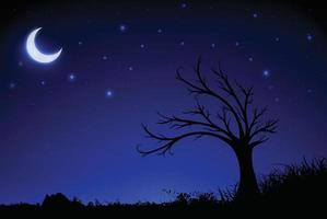 sfondo notte stellata con silhouette di luna crescente, albero ed erba. sfondo notturno stellato widescreen vettore