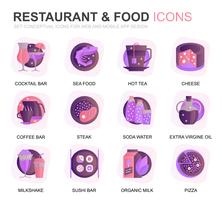 Set di icone piatte per ristoranti e applicazioni mobili. Contiene icone come Fast Food, Menu, frutta biologica, Coffee Bar. Icona piana di colore concettuale. Pacchetto di pittogrammi vettoriale. vettore