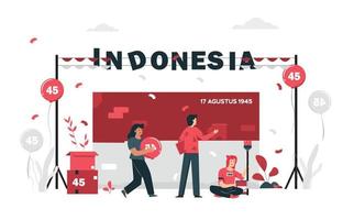 17 agosto. spirito del giorno dell'indipendenza indonesiana. 2 giovani celebrano il giorno dell'indipendenza portando bandiere, simbolo dello spirito di indipendenza. utilizzare per banner e sfondi vettore