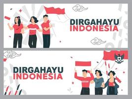 spirito del giorno dell'indipendenza indonesiana. 17 agosto un gruppo di giovani che celebrano il giorno dell'indipendenza portando la bandiera vettore