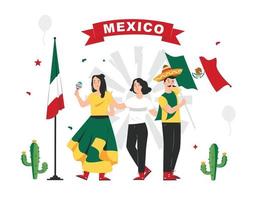 illustrazione del giorno dell'indipendenza messicana 3 persone, poster del 16 settembre per lo sfondo. viva messico vettore