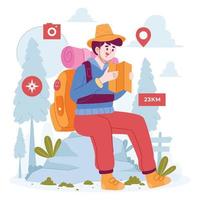 idea di illustrazione vettoriale di concetto di viaggio per modello di pagina di destinazione, persone che fanno vacanze con escursioni nella natura e mappa, stili piatti disegnati a mano