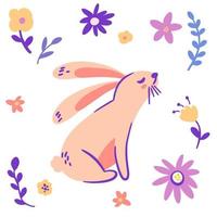 fiori di coniglietti. Buona Pasqua. biglietti di auguri con coniglio e decorazioni floreali. illustrazione del fumetto di vettore. vettore