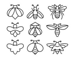 impostare la linea di icone di etichette di miele e api per prodotti con logo miele, illustrazione vettoriale di stile piatto ape volante di icone.