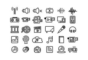 set di icone della linea audio solida dei file audio, raccolta di simboli di apparecchiature musicali e musicali vettore