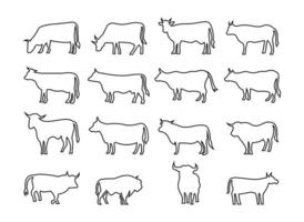 impostare la linea di icone mucca animale da fattoria, impostare la grafica vettoriale del logo della linea in una mucca in stile minimalista.