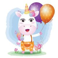 un simpatico unicorno che usa un cappello di compleanno e tiene un palloncino vettore