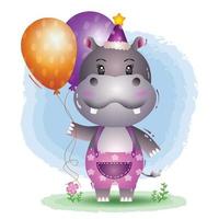 un simpatico ippopotamo che usa il cappello di compleanno e tiene un palloncino vettore