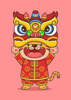 simpatica tigre cinese del nuovo anno che tiene la testa di danza del leone vettore