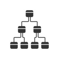icona del glifo del diagramma ad albero. sistema gerarchico. diagramma di collegamento del nodo. rappresentazione visiva di processi e relazioni. struttura ad albero. simbolo della sagoma. spazio negativo. illustrazione vettoriale isolato