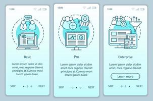 abbonamento agli strumenti di marketing digitale onboarding modello vettoriale dello schermo della pagina dell'app mobile. tariffa base. procedura dettagliata del sito Web con illustrazioni lineari. ux, ui, gui concetto di interfaccia per smartphone