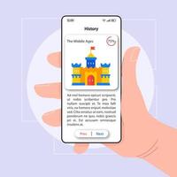 modello vettoriale dell'interfaccia dello smartphone per la conoscenza della storia. layout di design bianco della pagina dell'app mobile. schermata dei fatti storici. interfaccia utente piatta per l'applicazione. mano che tiene il telefono con materia scolastica in mostra