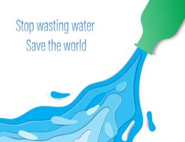 Concetto di riduzione del consumo di acqua sprecato. Acqua che scorre fuori dalle bottiglie verdi. vettore