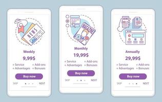 giornali, abbonamenti a riviste che integrano le schermate delle app mobili con i prezzi dei servizi. modelli di pagine del sito Web guida alle pubblicazioni periodiche. fasi dei piani tariffari. layout della pagina web di pagamento smartphone vettore