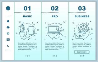 sviluppo del business onboarding modello vettoriale di pagine web mobili. opzioni di base e professionali. servizi finanziari. software aziendale. interfaccia del sito Web per smartphone reattiva. schermate dei passaggi della procedura guidata della pagina Web