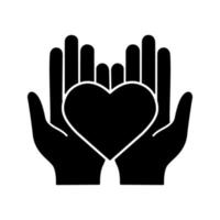icona del glifo di beneficenza. simbolo della sagoma. assicurazione sulla vita. medicina e sanità. mani che tengono il cuore. spazio negativo. illustrazione vettoriale isolato