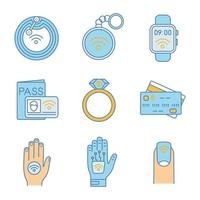set di icone a colori della tecnologia NFC. chip da campo vicino, gingillo, smartwatch, sistema di identificazione, anello, carta di credito, adesivo, impianto manuale, manicure. illustrazioni vettoriali isolate