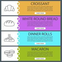 set di modelli di banner web da forno. croissant, pane tondo, panini per la cena, macaron. voci di menu a colori del sito Web con icone lineari. concetti di progettazione di intestazioni vettoriali