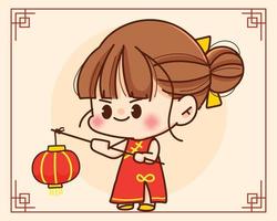 illustrazione disegnata a mano di arte del fumetto di celebrazione di festival del carattere di anno cinese felice cinese della ragazza della holding della lanterna cinese sveglia vettore