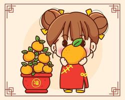 ragazza cinese sveglia che tiene l'illustrazione disegnata a mano di arte del fumetto di celebrazione di festival del carattere di anno cinese felice cinese arancione vettore