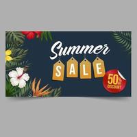 modello di banner di vendita estiva con foglie tropicali e fiori sullo sfondo vettore