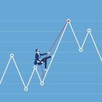 uomo d'affari che si arrampica sopra il grafico in crescita finanziaria utilizzando la corda, concetto di obiettivi di crescita degli investimenti vettore