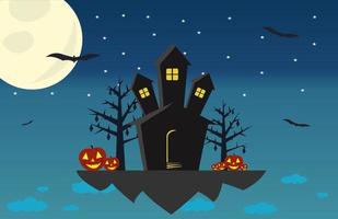 Dracula haunted house che galleggia sopra le nuvole, con luna, stelle, pipistrelli e zucca di Halloween vettore