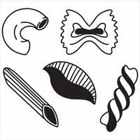 set di pasta tradizionale italiana, icone dei tipi di pasta, clip art di pasta, illustrazione vettoriale in bianco nero disegnata a mano
