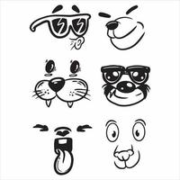 set di illustrazione dell'elemento faccia animale in stile cartone animato, illustrazione vettoriale di contorno disegnato a mano bianco nero