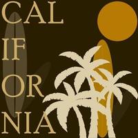 illustrazione del testo della California con tavola da surf e sfondo di palme vettore