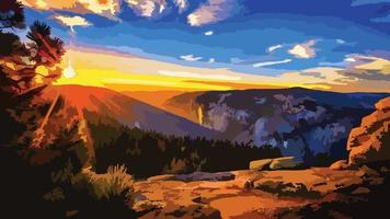 illustrazione del paesaggio di tramonto di alba di montagna. illustrazione di tiraggio a mano vettore
