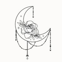 linea arte della mistica falce di luna decorativa con stelle e rose vettore