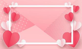 sfondo del concetto di san valentino. illustrazione vettoriale. Cuori di carta 3d rossi e rosa con cornice quadrata bianca. banner di vendita di amore carino o biglietto di auguri vettore
