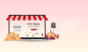 shopping online,concept desktop, con carte di credito e su sfondi blu, vettore