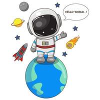 un astronauta è in piedi sul pianeta terra dicendo ciao mondo. grafica di illustrazione vettoriale. adatto per il design di t-shirt.