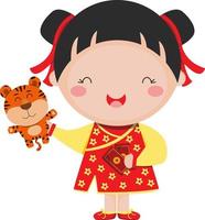 la bambina che trasporta una bambola tigre sembra felice di ricevere 2 buste rosse. Capodanno cinese. anno della tigre. illustrazioni grafiche vettoriali. adatto per il design di t-shirt. vettore